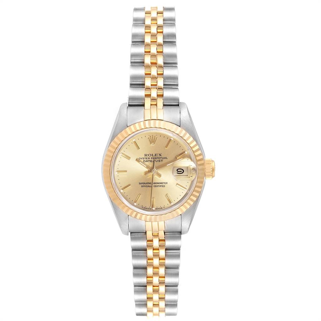 The Rolex Datejust 69173 Women's Stainless Steel Champagne Dial 69173 Women's Stainless Steel Champagne Dial watch is shown in a top-down view, highlighting the dial, bezel, and two-tone bracelet.