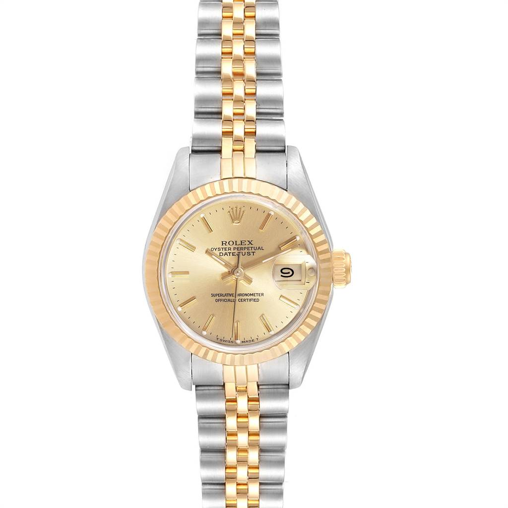 The Rolex Datejust 69173 Women's Stainless Steel Champagne Dial 69173 Women's Stainless Steel Champagne Dial watch is shown from a top-down angle, displaying its dial, bracelet, bezel, and crown.