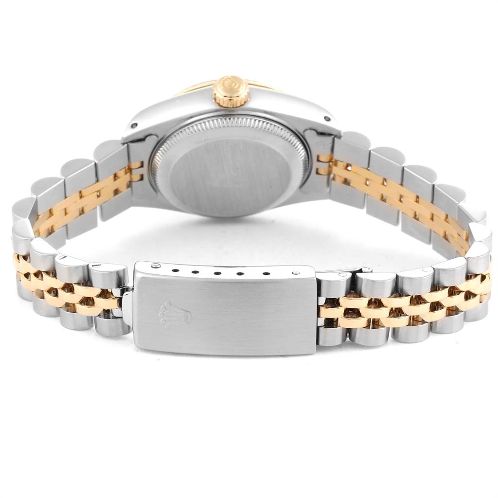 This image shows the back view of a Rolex Datejust 69173 Women's Stainless Steel Champagne Dial 69173 Women's Stainless Steel Champagne Dial watch, highlighting the case, crown, and two-tone bracelet with clasp.
