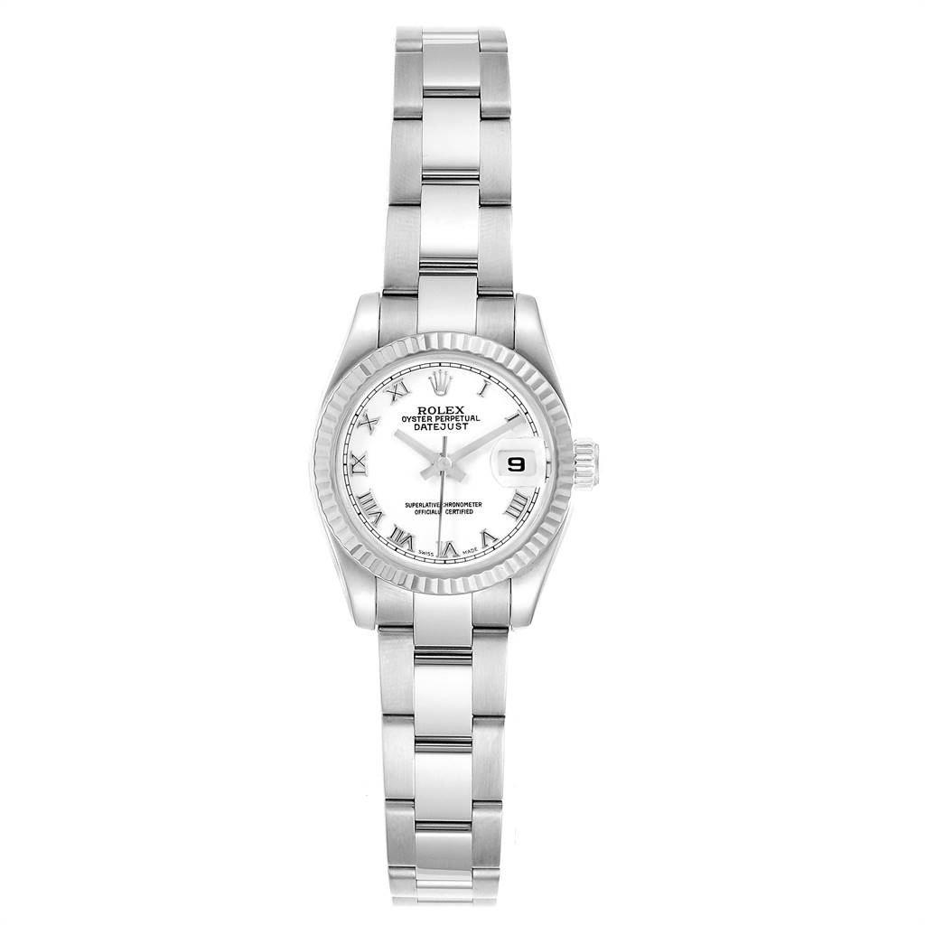The image shows a Rolex Datejust 179174 Women's Stainless Steel White Dial 179174 Women's Stainless Steel White Dial watch at a straight-on angle, displaying the face, bezel, crown, and bracelet.