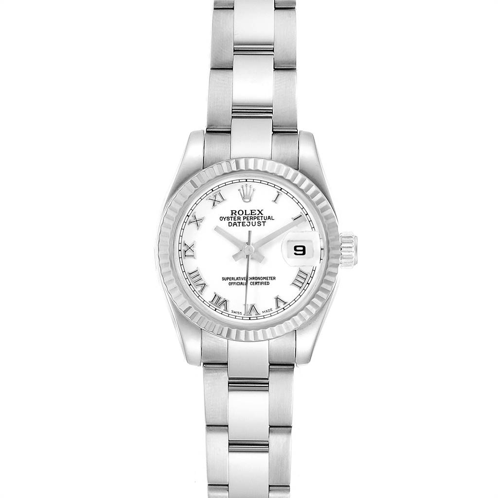 This image shows a Rolex Datejust 179174 Women's Stainless Steel White Dial 179174 Women's Stainless Steel White Dial watch from the front, highlighting the dial, bezel, bracelet, date window, and crown.