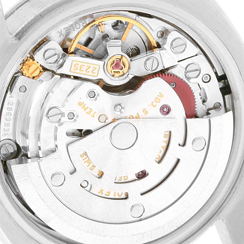 This image shows the internal movement of a Rolex Datejust 179174 Women's Stainless Steel White Dial 179174 Women's Stainless Steel White Dial watch from a close-up angle.