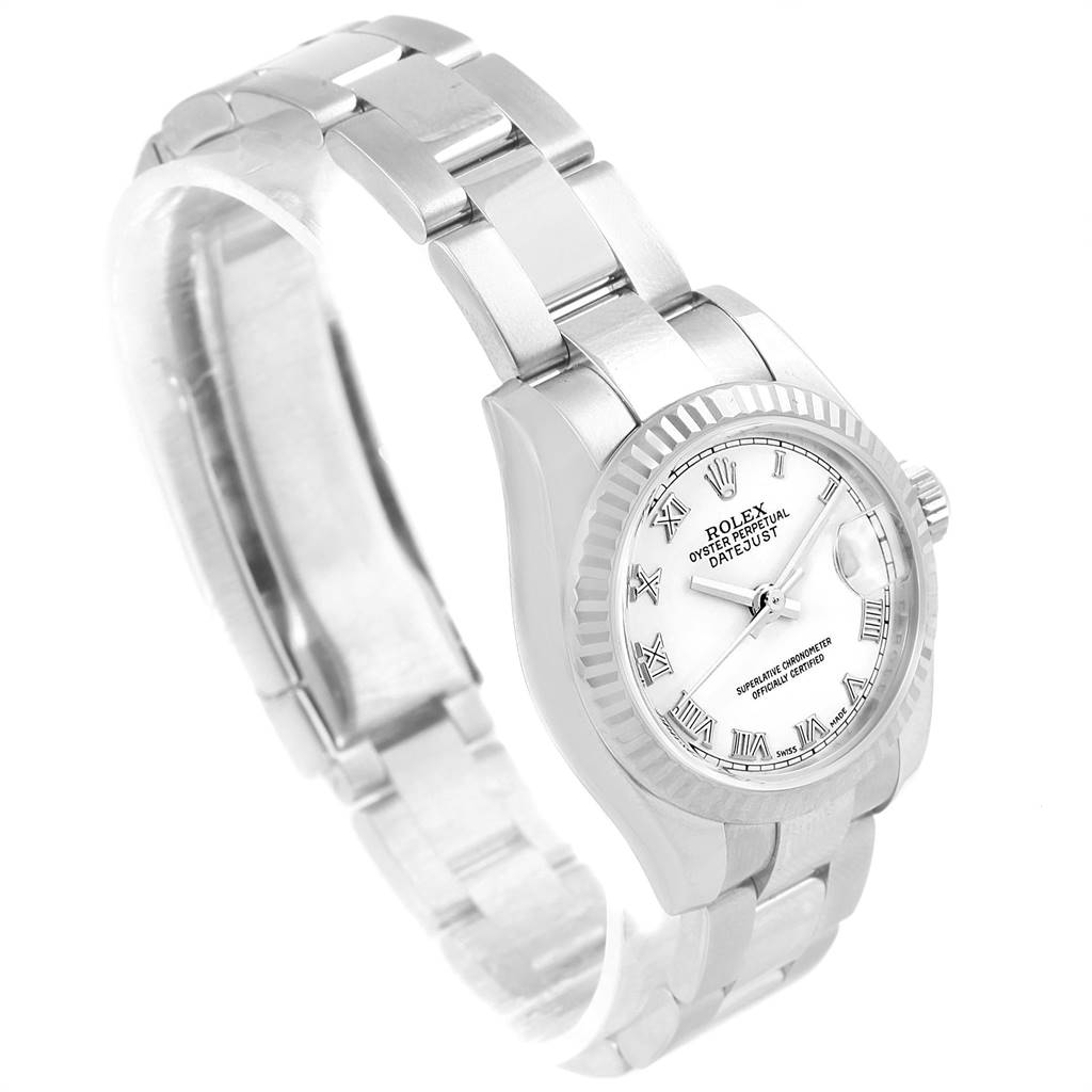 The image shows a Rolex Datejust 179174 Women's Stainless Steel White Dial 179174 Women's Stainless Steel White Dial watch at a three-quarter angle, highlighting its face, bezel, and part of the bracelet.