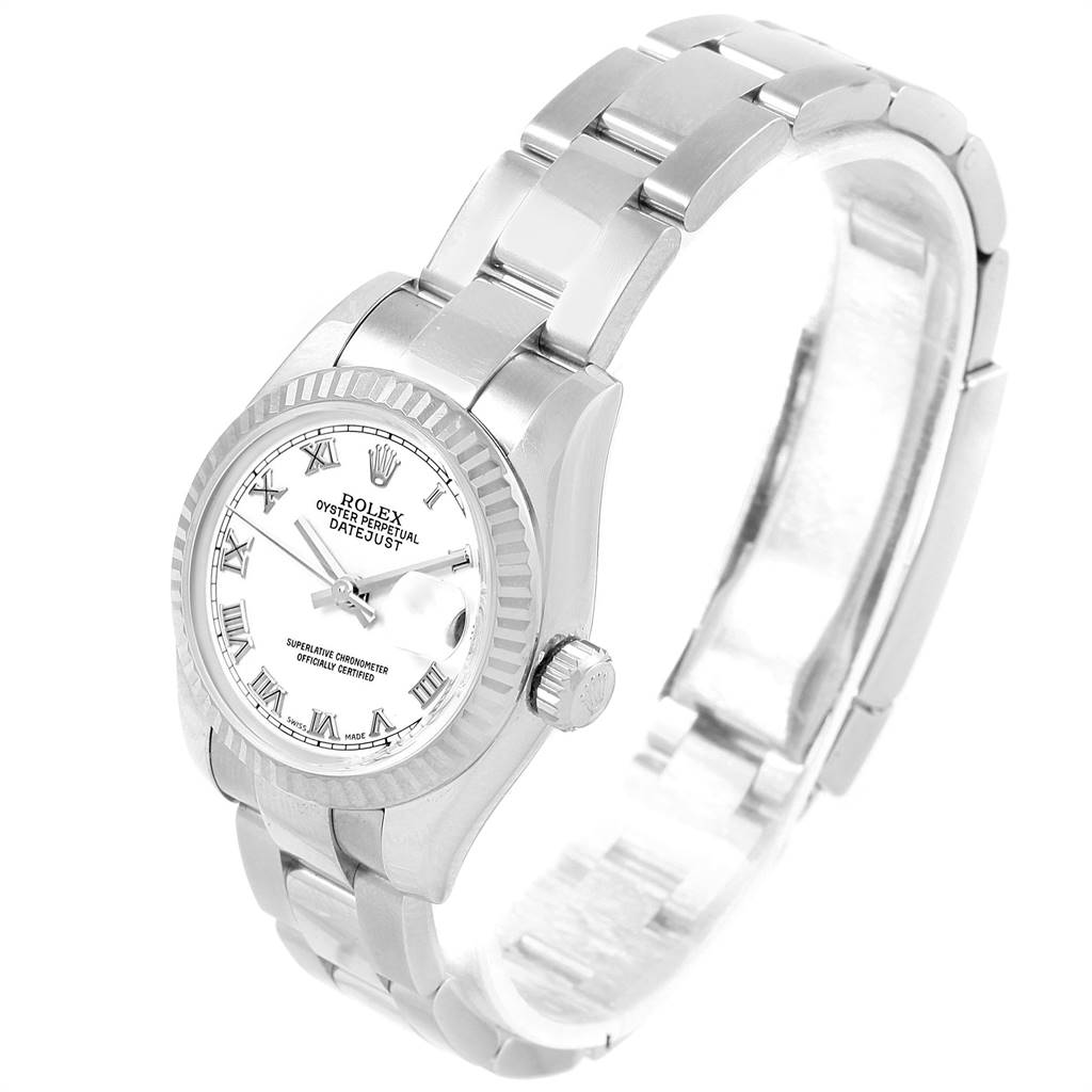 This Rolex Datejust 179174 Women's Stainless Steel White Dial 179174 Women's Stainless Steel White Dial model is shown at an angled view, highlighting the face, bezel, and part of the bracelet.