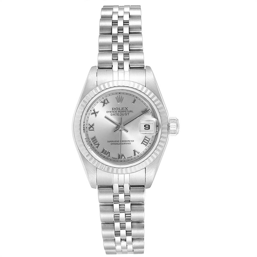 This image shows the front view of a Rolex Datejust 79174 Women's Stainless Steel Grey Dial 79174 Women's Stainless Steel Grey Dial watch, displaying its dial, bracelet, bezel, and crown.