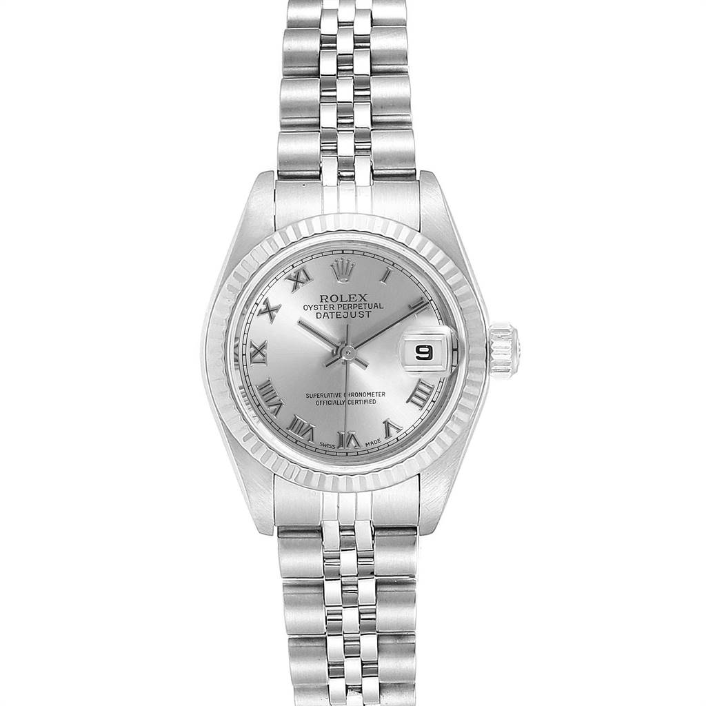 The image shows a front view of a Rolex Datejust 79174 Women's Stainless Steel Grey Dial 79174 Women's Stainless Steel Grey Dial watch, featuring its dial, hands, date window, crown, and bracelet.
