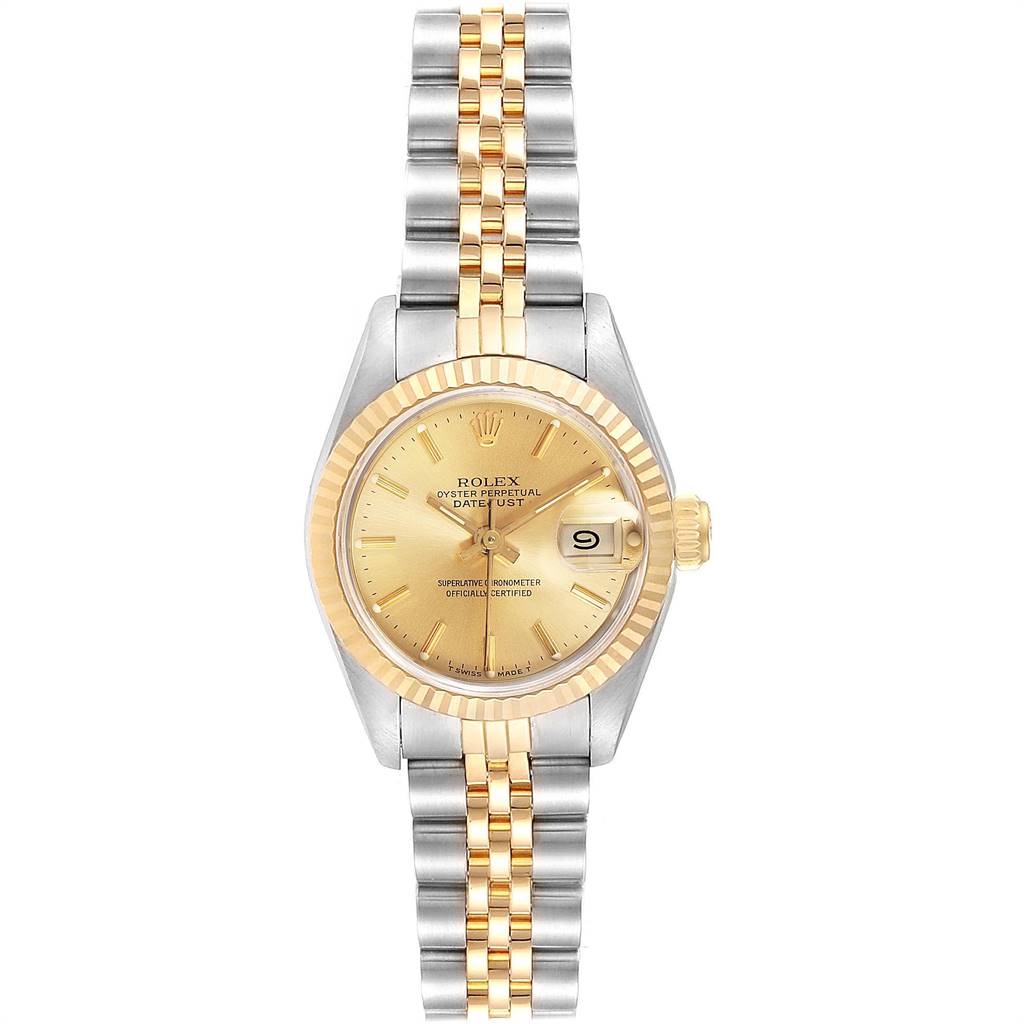 The Rolex Datejust 69173 Women's Stainless Steel Champagne Dial 69173 Women's Stainless Steel Champagne Dial watch is shown from the front angle, displaying its gold dial, fluted bezel, and two-tone jubilee bracelet.