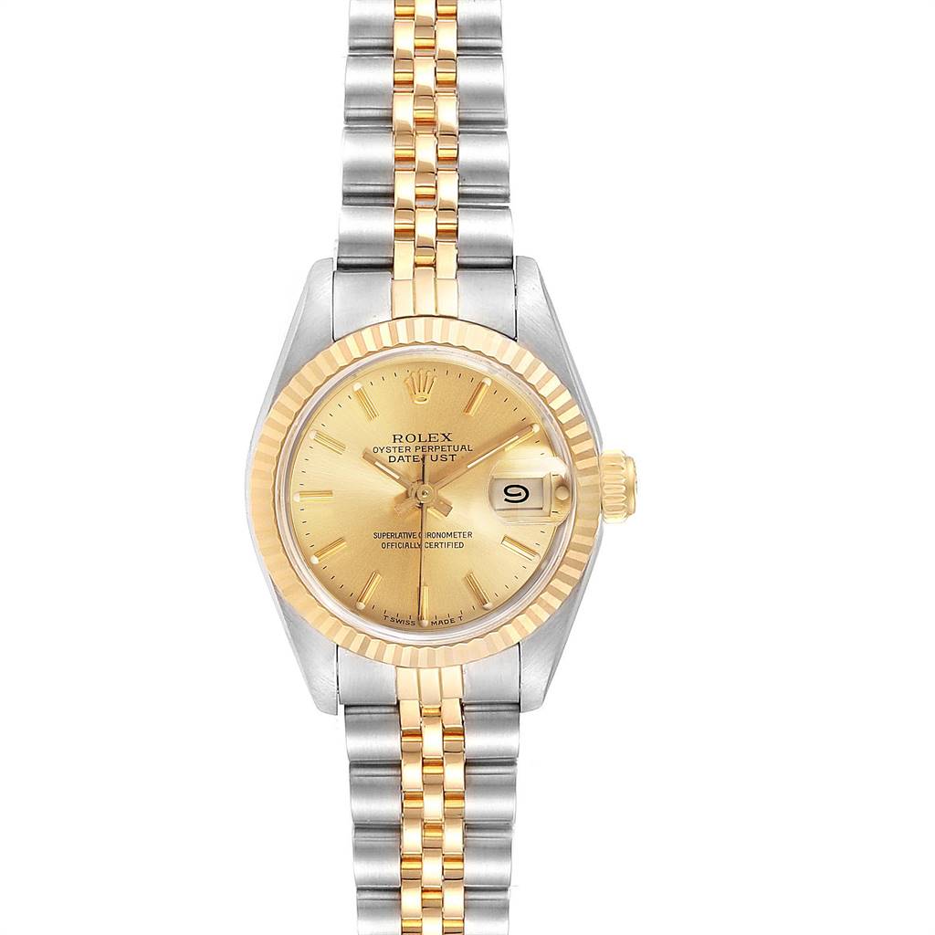 The Rolex Datejust 69173 Women's Stainless Steel Champagne Dial 69173 Women's Stainless Steel Champagne Dial watch is shown in a full-frontal view, displaying its dial, fluted bezel, jubilee bracelet, and date window at 3 o'clock.