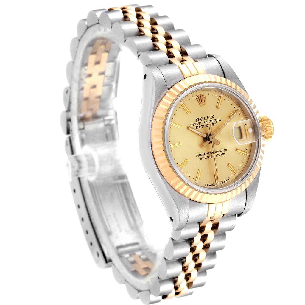 The image shows a Rolex Datejust 69173 Women's Stainless Steel Champagne Dial 69173 Women's Stainless Steel Champagne Dial watch from an angled side view, highlighting the dial, bezel, and two-tone bracelet.