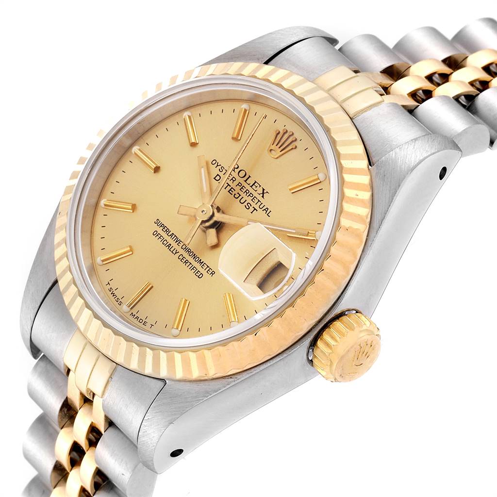 This image shows a close-up angle of a Rolex Datejust 69173 Women's Stainless Steel Champagne Dial 69173 Women's Stainless Steel Champagne Dial, highlighting the gold dial, bezel, crown, and two-tone bracelet.