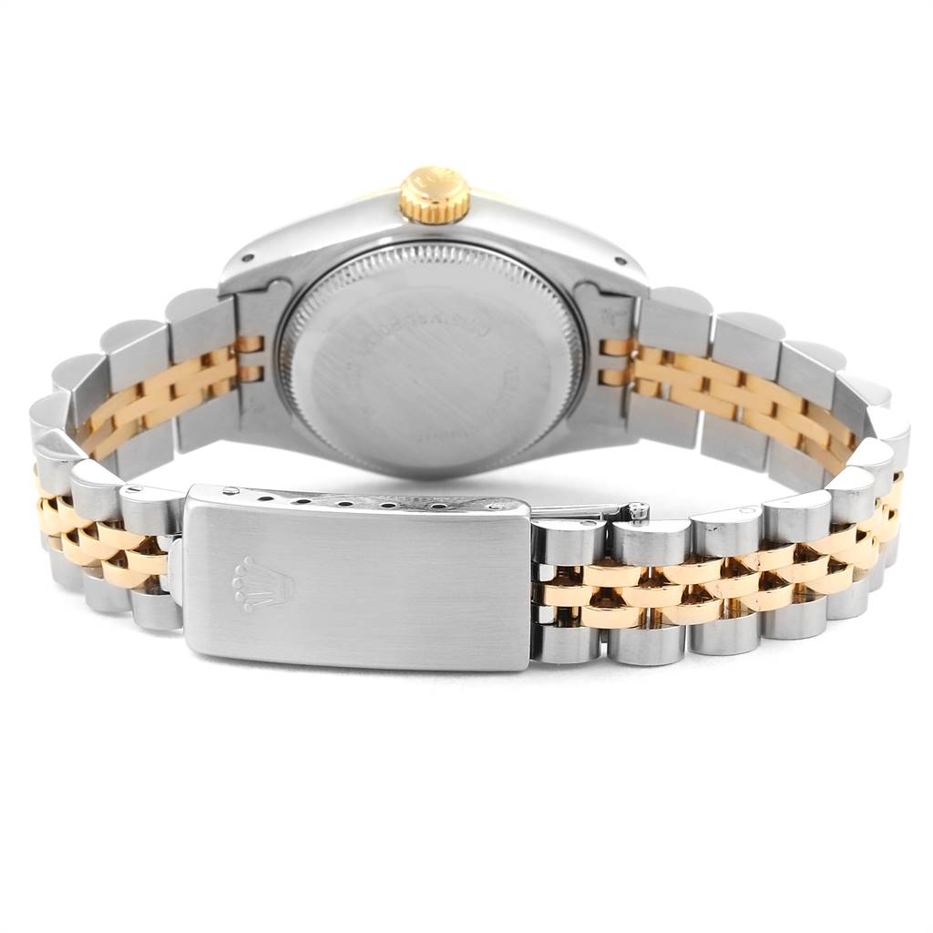 This image shows the back case and bracelet of a Rolex Datejust 69173 Women's Stainless Steel Champagne Dial 69173 Women's Stainless Steel Champagne Dial watch, highlighting its two-tone metal design and clasp.