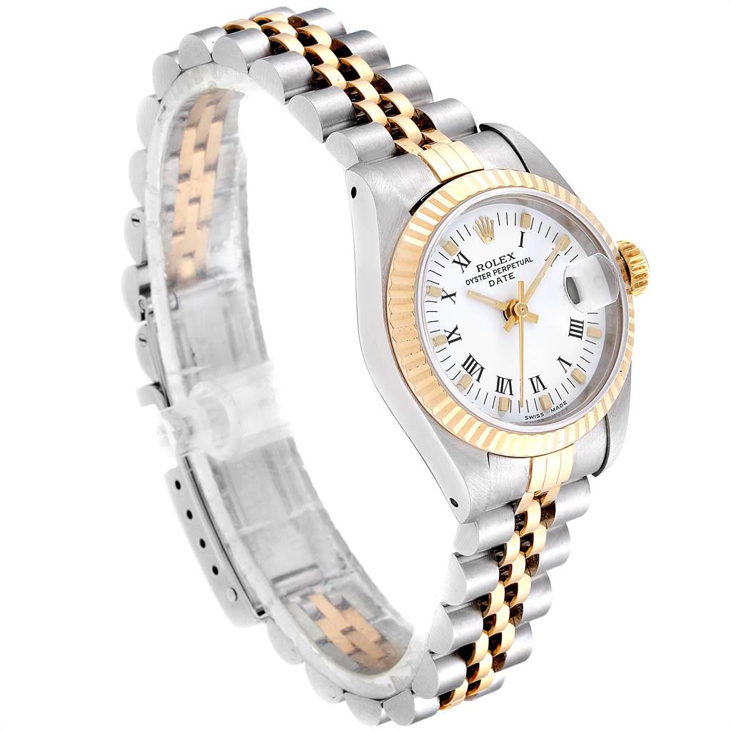 This image shows a Rolex Datejust 69173 Women's Stainless Steel White Dial 69173 Women's Stainless Steel White Dial watch at a slight angle, highlighting the two-tone bracelet and white dial.