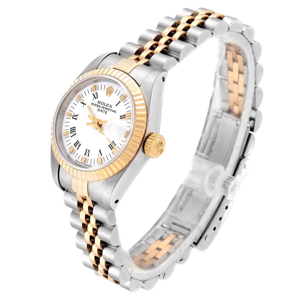 The image shows a side and front angle of the Rolex Datejust 69173 Women's Stainless Steel White Dial 69173 Women's Stainless Steel White Dial watch, highlighting its face, bezel, and two-tone bracelet.