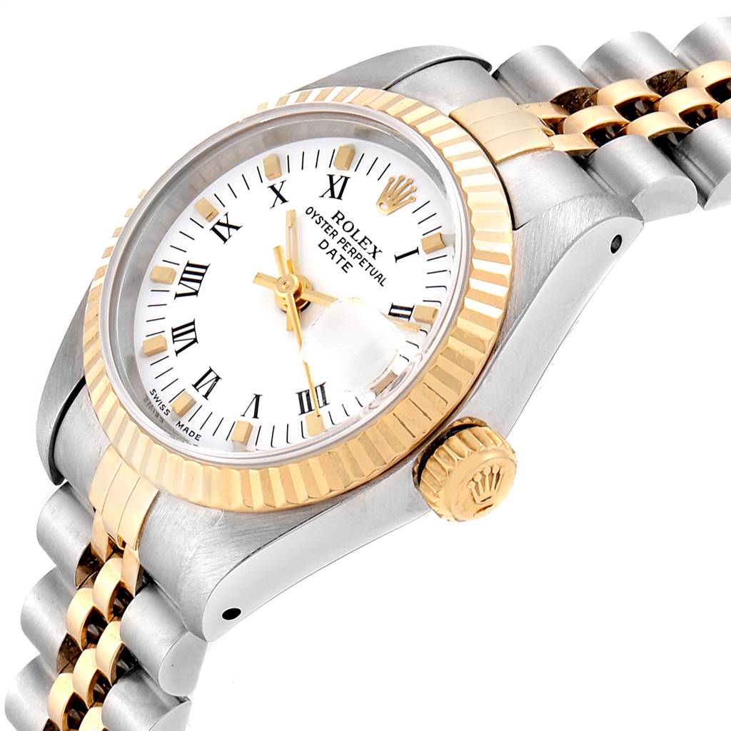 The image shows a close-up angled view of the Rolex Datejust 69173 Women's Stainless Steel White Dial 69173 Women's Stainless Steel White Dial, highlighting the dial, bezel, and bracelet.