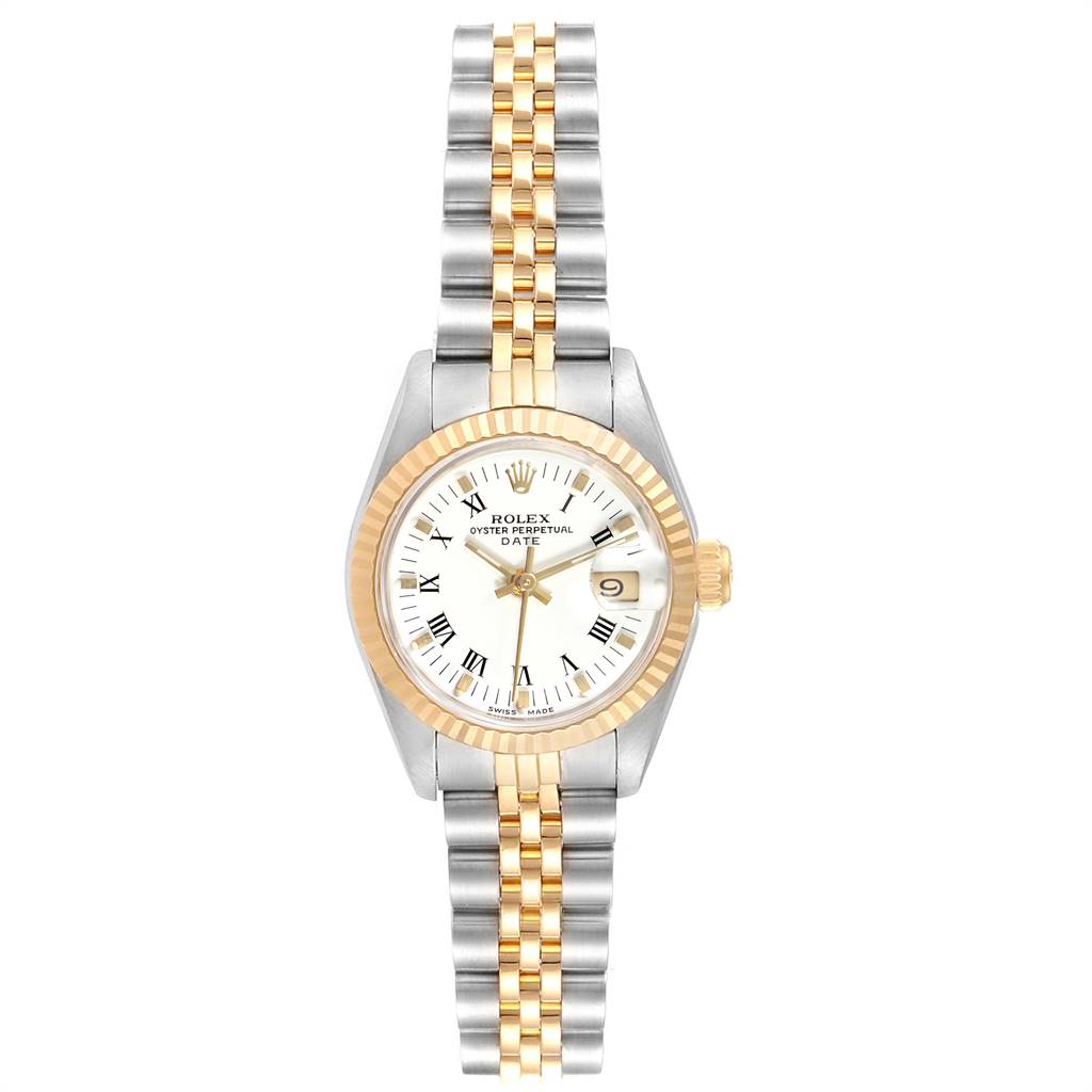 The Rolex Datejust 69173 Women's Stainless Steel White Dial 69173 Women's Stainless Steel White Dial watch is shown from a top-down angle, featuring the dial, bezel, and two-tone bracelet.