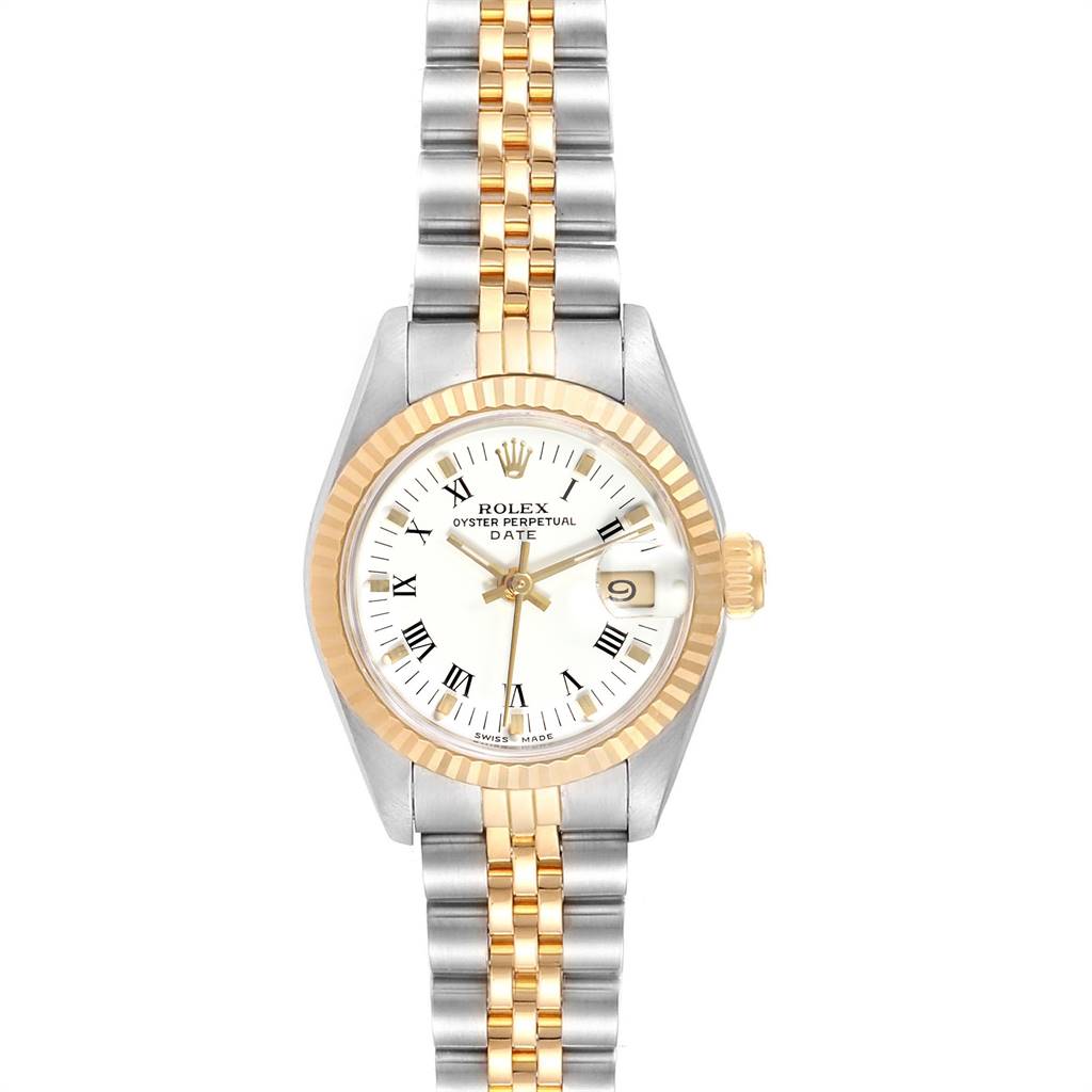 The image shows a Rolex Datejust 69173 Women's Stainless Steel White Dial 69173 Women's Stainless Steel White Dial watch from a top-down angle, highlighting the dial, bezel, and two-tone band.