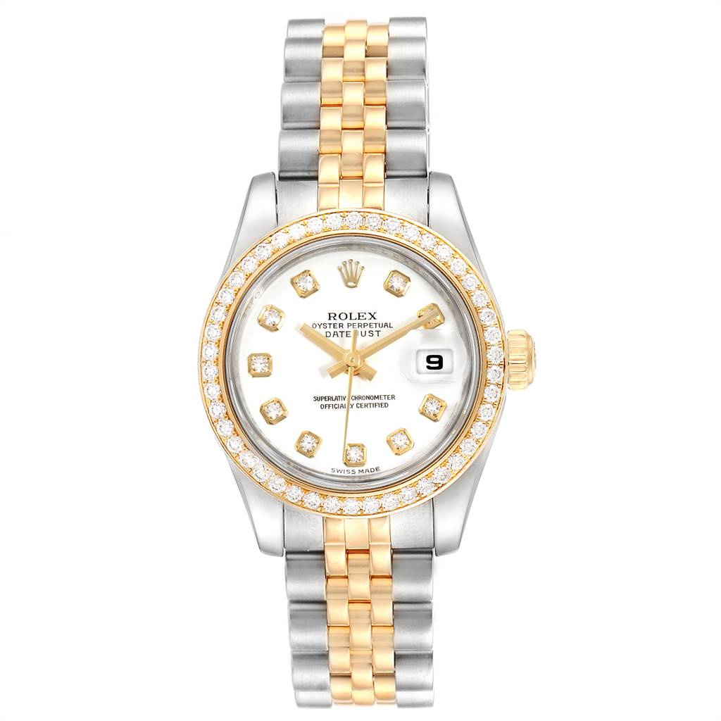 This image shows a front view of a Rolex Datejust 179383 Women's Steel and Gold (two tone) White Dial 179383 Women's Steel and Gold (two tone) White Dial watch, showcasing its dial, bezel, and two-tone bracelet.