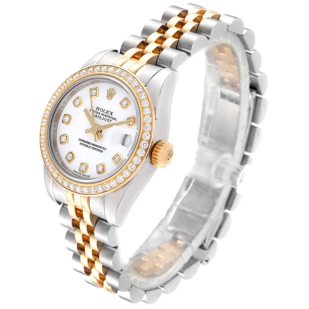 This Rolex Datejust 179383 Women's Steel and Gold (two tone) White Dial 179383 Women's Steel and Gold (two tone) White Dial watch is shown at an angled side view, highlighting its diamond bezel, white dial, and two-tone bracelet.