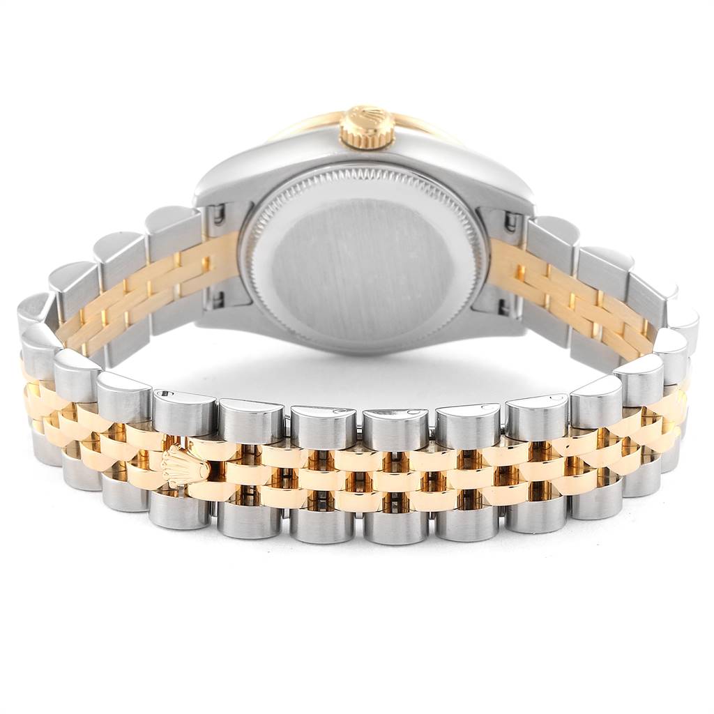 The image shows the back view of the Rolex Datejust 179383 Women's Steel and Gold (two tone) White Dial 179383 Women's Steel and Gold (two tone) White Dial watch, highlighting the case back and Jubilee bracelet.