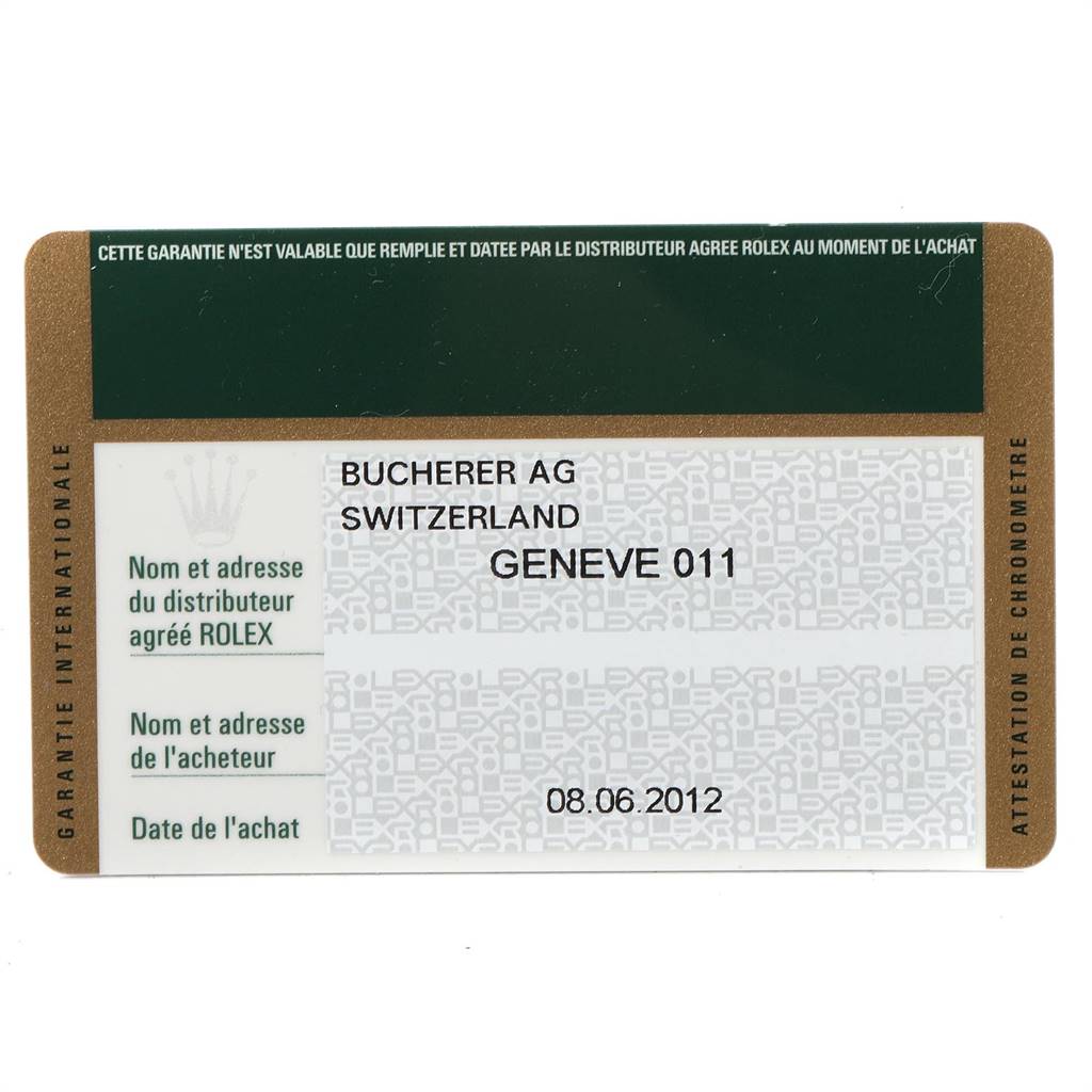 The image shows the warranty card for a Rolex Datejust 179383 Women's Steel and Gold (two tone) White Dial 179383 Women's Steel and Gold (two tone) White Dial watch, including details of the distributor and purchase date.