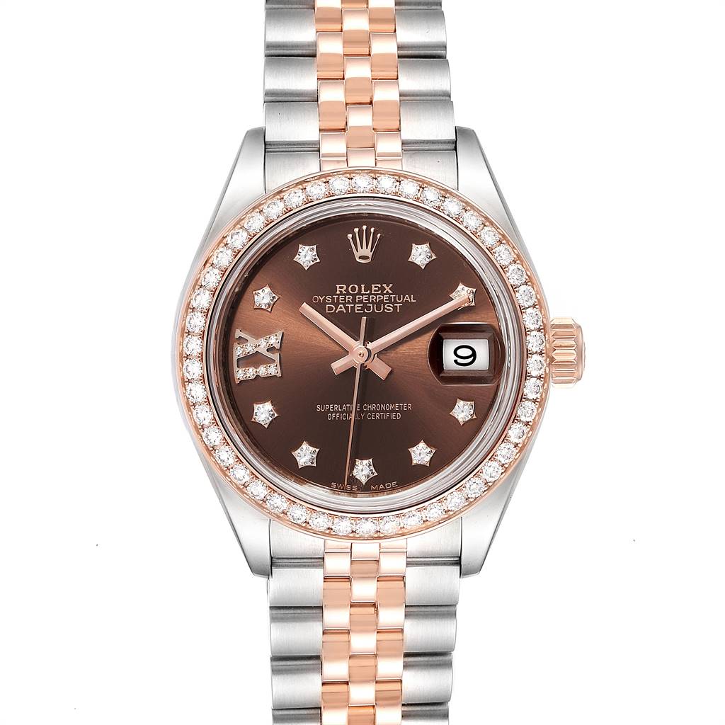 The image shows a front view of a Rolex Datejust 279171 Women's Steel and Gold (two tone) Brown Dial 279171 Women's Steel and Gold (two tone) Brown Dial watch including its face, bezel, crown, and bracelet.