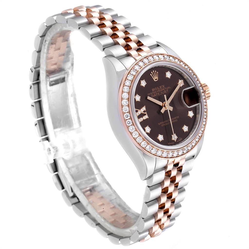 The image shows a Rolex Datejust 279171 Women's Steel and Gold (two tone) Brown Dial 279171 Women's Steel and Gold (two tone) Brown Dial watch at a three-quarter angle, highlighting its bezel, bracelet, and dial.