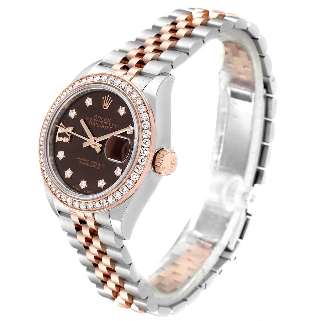 This image shows a Rolex Datejust 279171 Women's Steel and Gold (two tone) Brown Dial 279171 Women's Steel and Gold (two tone) Brown Dial watch at a three-quarter angle, highlighting the bezel, dial, crown, and two-tone bracelet.