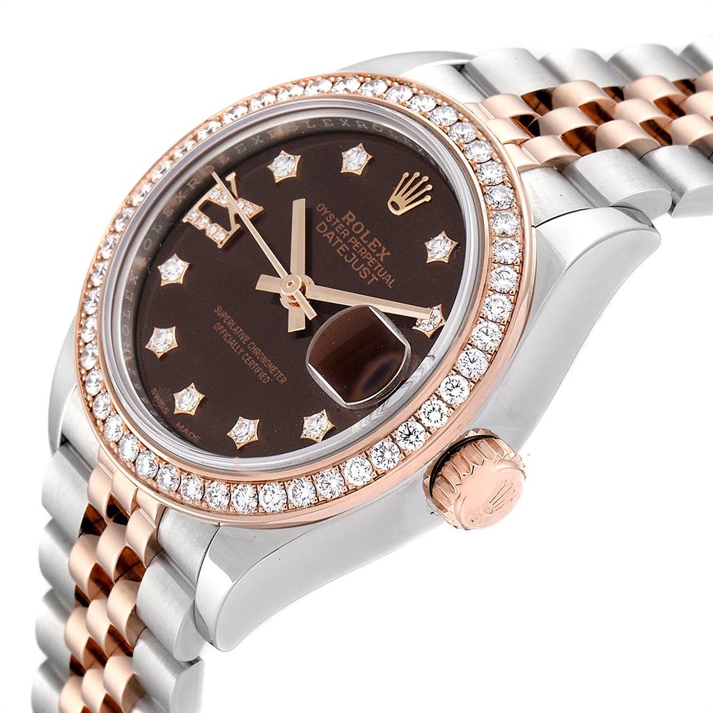 This image shows a close-up angled view of a Rolex Datejust 279171 Women's Steel and Gold (two tone) Brown Dial 279171 Women's Steel and Gold (two tone) Brown Dial watch, highlighting its bezel, dial, hands, crown, and part of the bracelet.