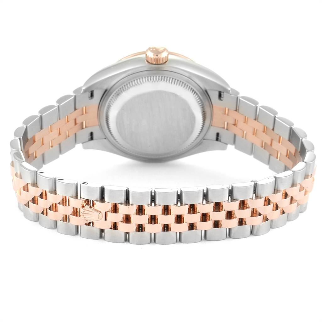 This image shows the back and bracelet of a Rolex Datejust 279171 Women's Steel and Gold (two tone) Brown Dial 279171 Women's Steel and Gold (two tone) Brown Dial watch, highlighting its two-tone metal design.