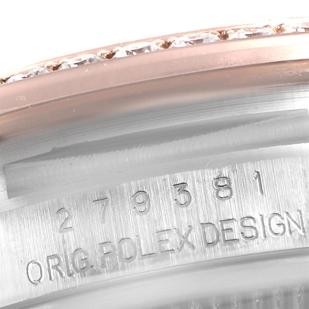 This close-up image shows the engraved bezel and the reference number of the Rolex Datejust 279171 Women's Steel and Gold (two tone) Brown Dial 279171 Women's Steel and Gold (two tone) Brown Dial watch.