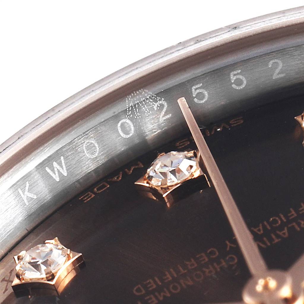 This close-up shows the inner bezel and diamond hour markers of a Rolex Datejust 279171 Women's Steel and Gold (two tone) Brown Dial 279171 Women's Steel and Gold (two tone) Brown Dial watch.