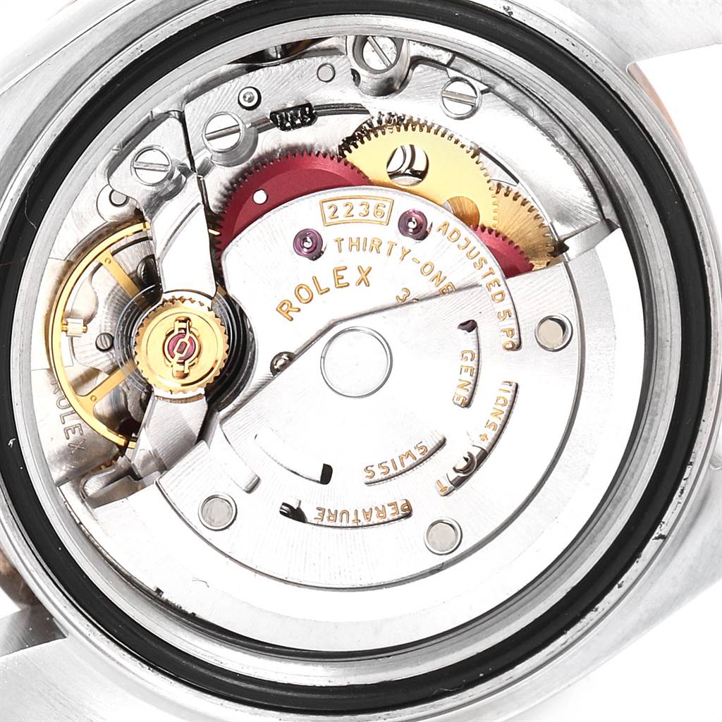 The image shows the movement mechanism of a Rolex Datejust 279171 Women's Steel and Gold (two tone) Brown Dial 279171 Women's Steel and Gold (two tone) Brown Dial watch from the back, highlighting gears and inner components.