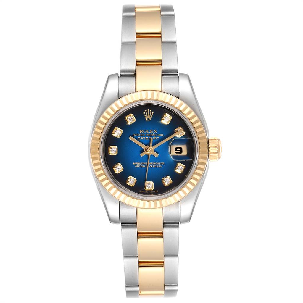 The image shows a front view of a Rolex Datejust 179173 Women's Steel and Gold (two tone) Blue Dial 179173 Women's Steel and Gold (two tone) Blue Dial watch, featuring its dial, bezel, crown, and bracelet.