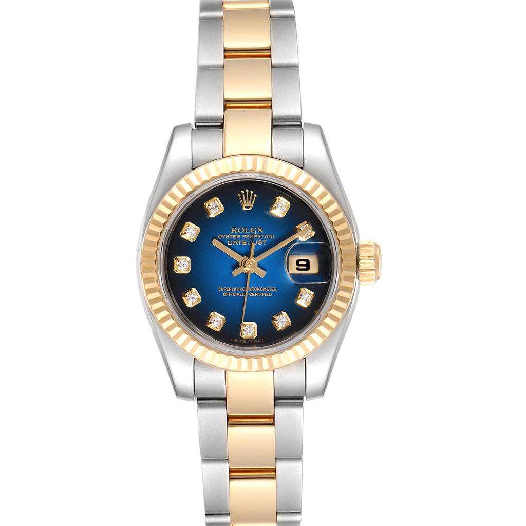 The image shows the full front view of the Rolex Datejust 179173 Women's Steel and Gold (two tone) Blue Dial 179173 Women's Steel and Gold (two tone) Blue Dial watch, highlighting its dial, bezel, case, and bracelet.