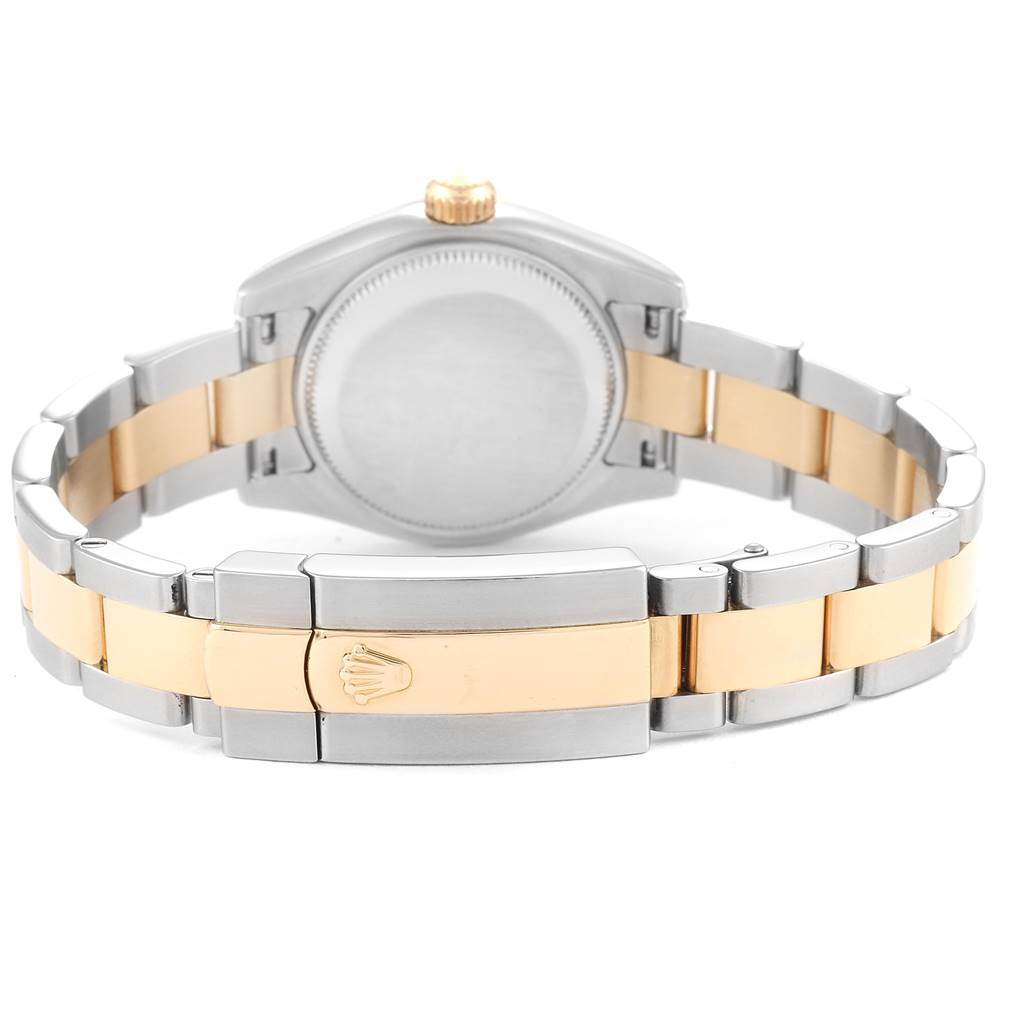 This image shows the back view and clasp of a Rolex Datejust 179173 Women's Steel and Gold (two tone) Blue Dial 179173 Women's Steel and Gold (two tone) Blue Dial model, highlighting its bicolor metal bracelet.