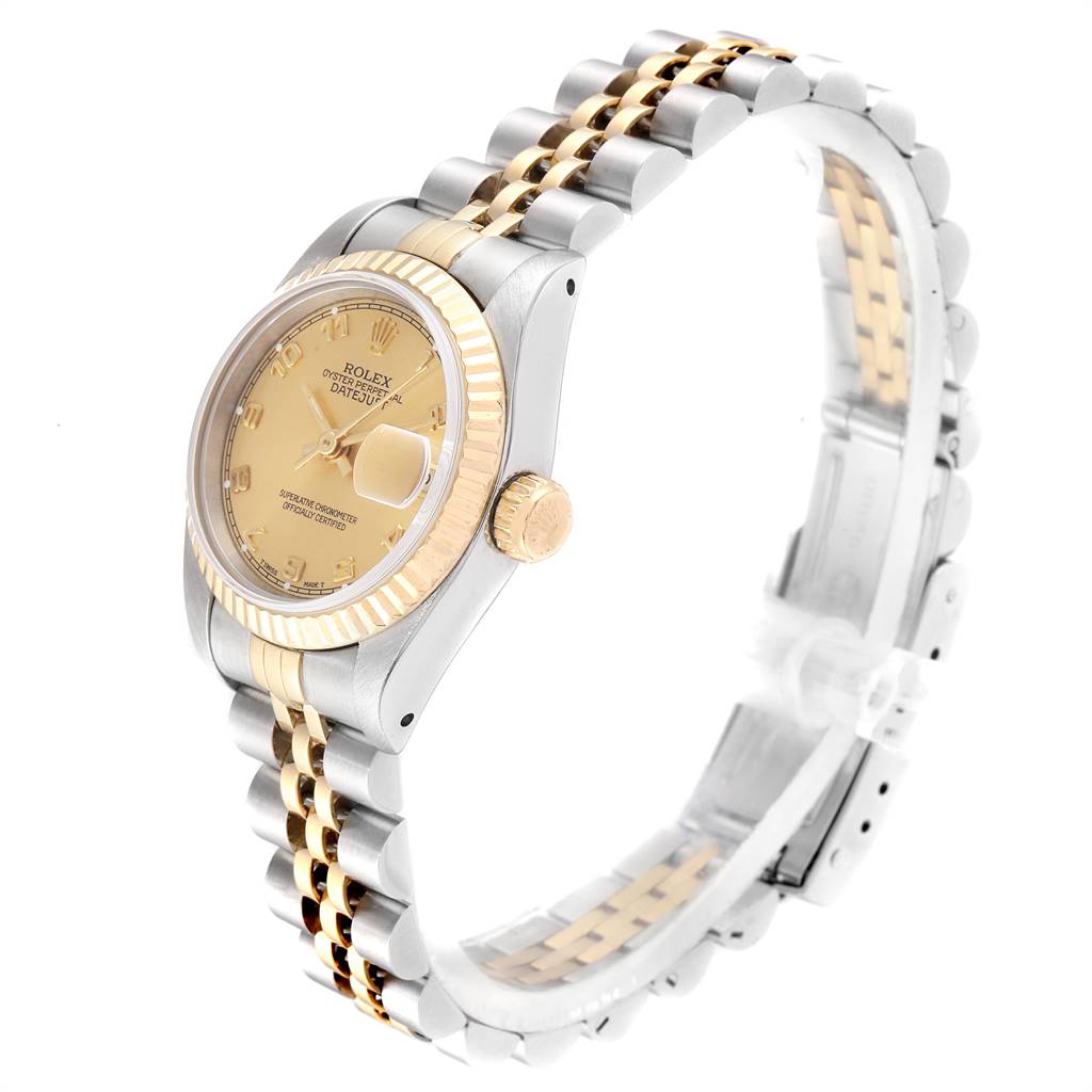 The Rolex Datejust 69173 Women
s Stainless Steel Champagne Dial 69173 Women
s Stainless Steel Champagne Dial watch is shown at a three-quarter angle displaying the dial, bezel, crown, and metal bracelet.