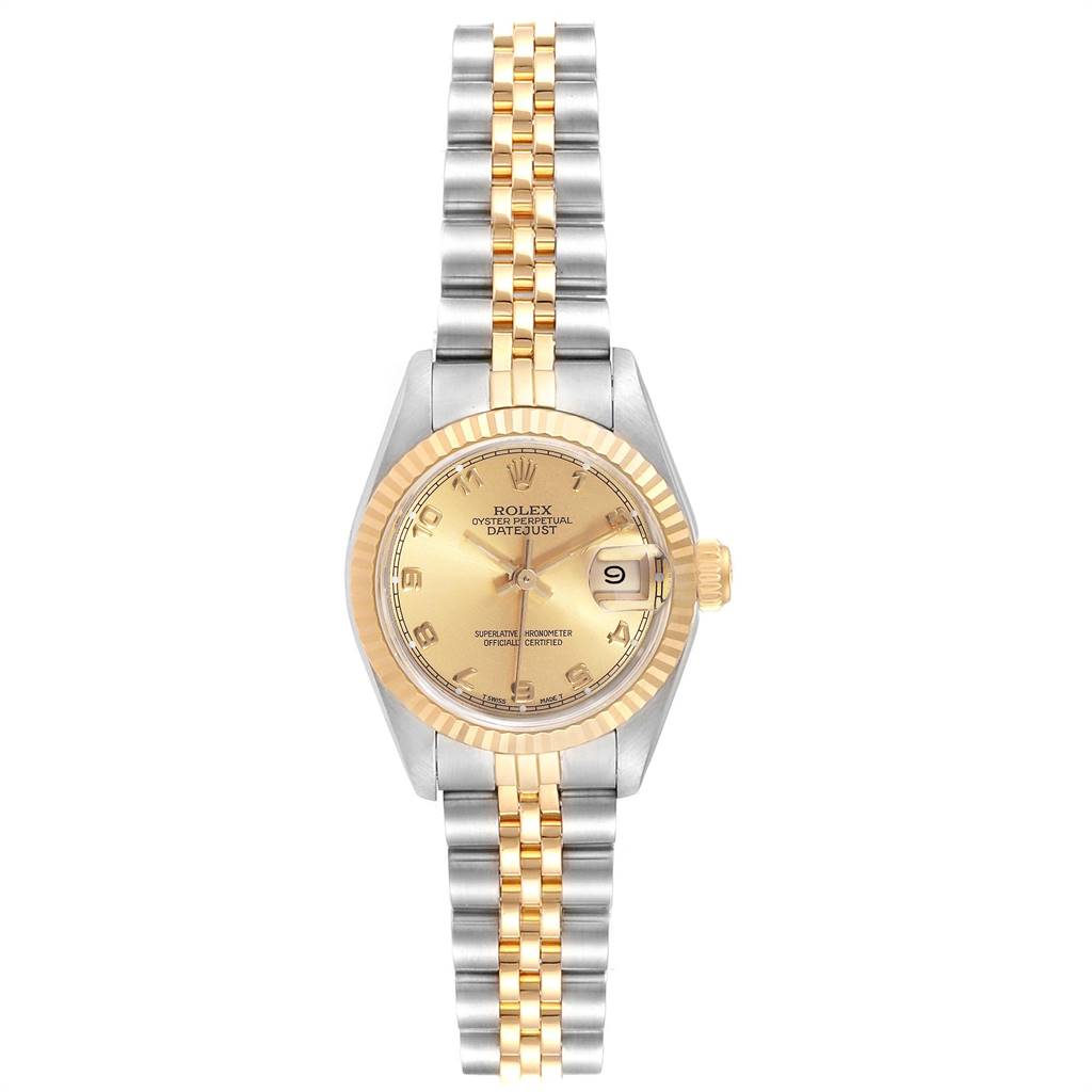 The Rolex Datejust 69173 Women
s Stainless Steel Champagne Dial 69173 Women
s Stainless Steel Champagne Dial watch is shown from the front, highlighting its gold and silver bracelet, dial, and fluted bezel.