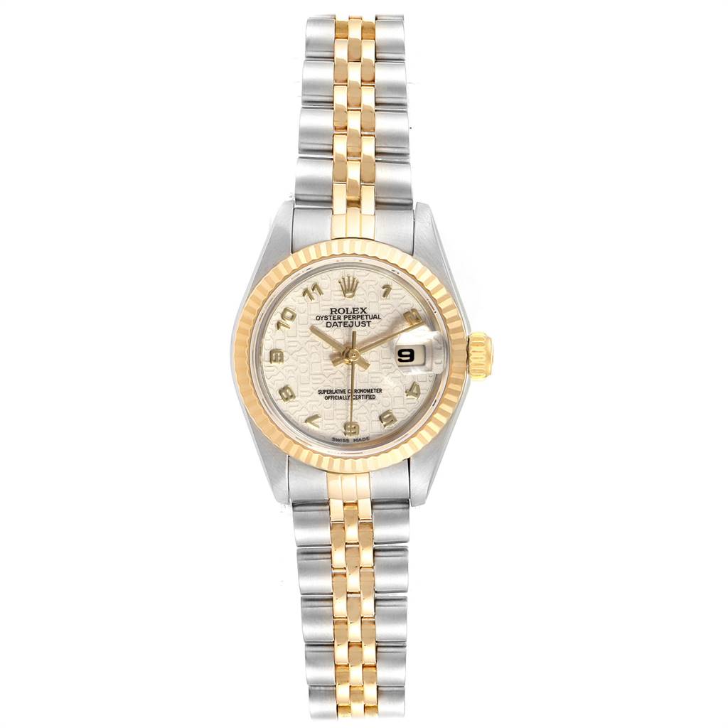This image shows a full frontal view of a Rolex Datejust 69173 Women's Stainless Steel Beige Dial 69173 Women's Stainless Steel Beige Dial watch, showcasing its dial, bezel, case, and bracelet.