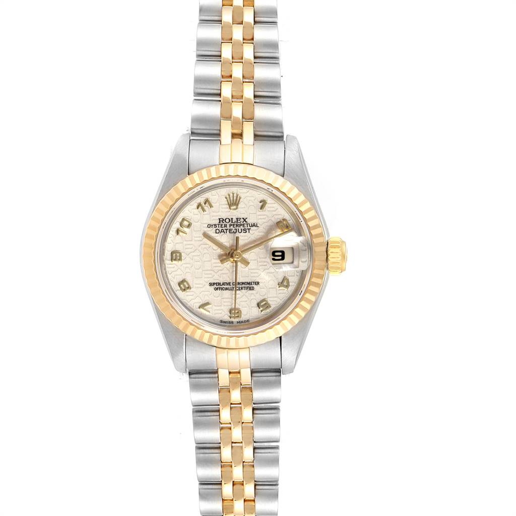 This is a top view of the Rolex Datejust 69173 Women's Stainless Steel Beige Dial 69173 Women's Stainless Steel Beige Dial, showing the watch face, bezel, and two-tone bracelet.