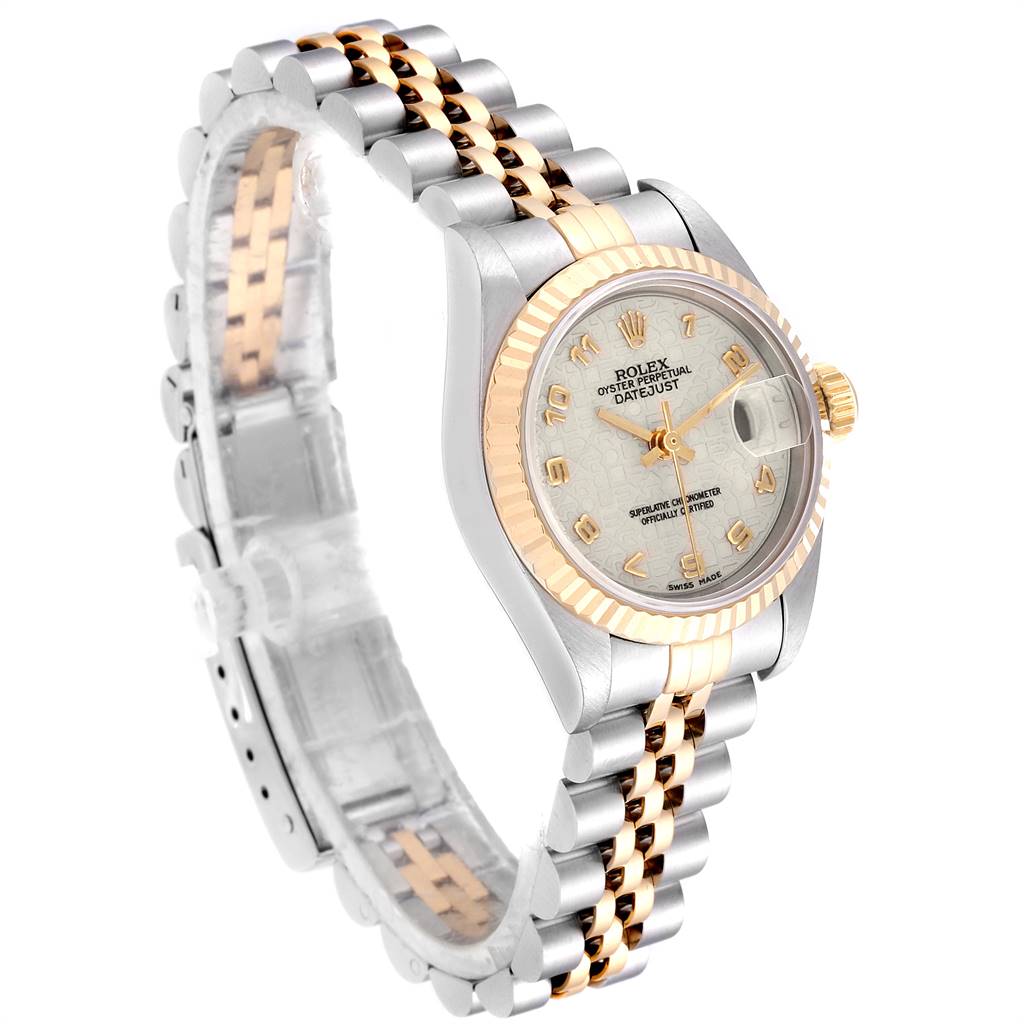 This image shows a side angle of the Rolex Datejust 69173 Women's Stainless Steel Beige Dial 69173 Women's Stainless Steel Beige Dial model, highlighting the two-tone Jubilee bracelet, fluted bezel, and dial.