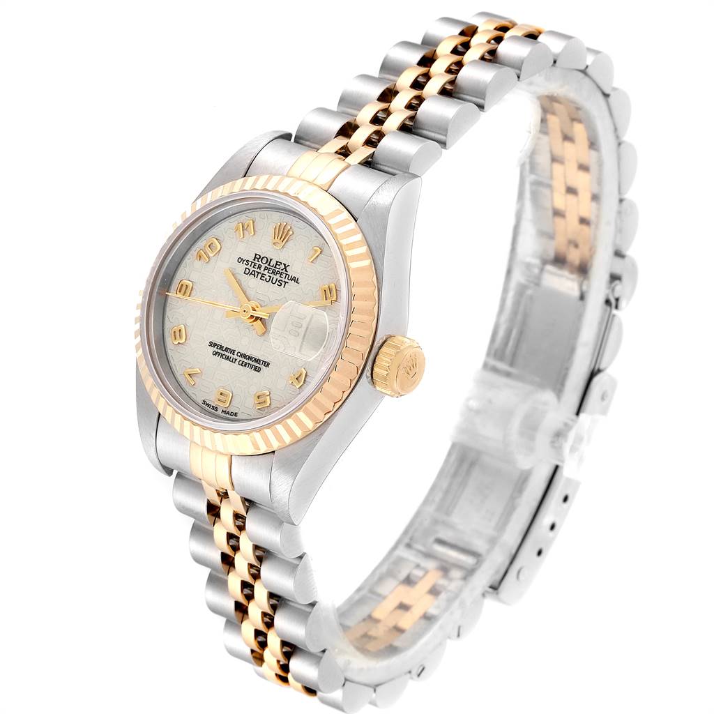 The image shows a side-angle view of the Rolex Datejust 69173 Women's Stainless Steel Beige Dial 69173 Women's Stainless Steel Beige Dial watch, highlighting the dial, crown, and two-tone Jubilee bracelet.