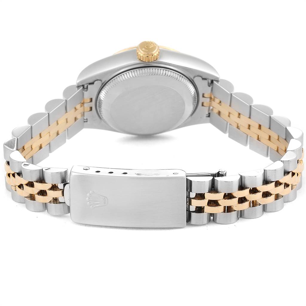 This image shows the back and bracelet of a Rolex Datejust 69173 Women's Stainless Steel Beige Dial 69173 Women's Stainless Steel Beige Dial watch, showcasing its Jubilee two-tone band and clasp.