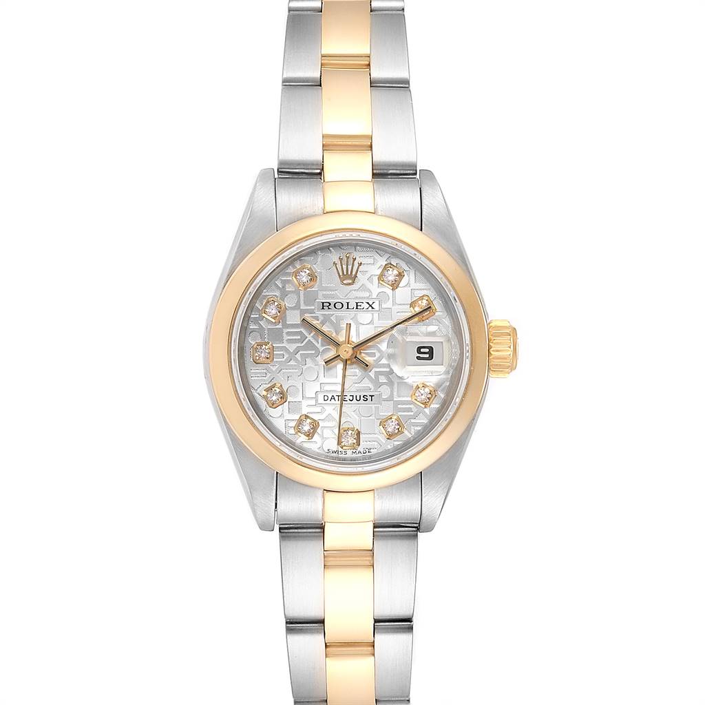 The image shows a front view of the dial, bezel, and bracelet of a Rolex Datejust 79163 Women's Steel and Gold (two tone) Silver Dial 79163 Women's Steel and Gold (two tone) Silver Dial watch in stainless steel and gold.