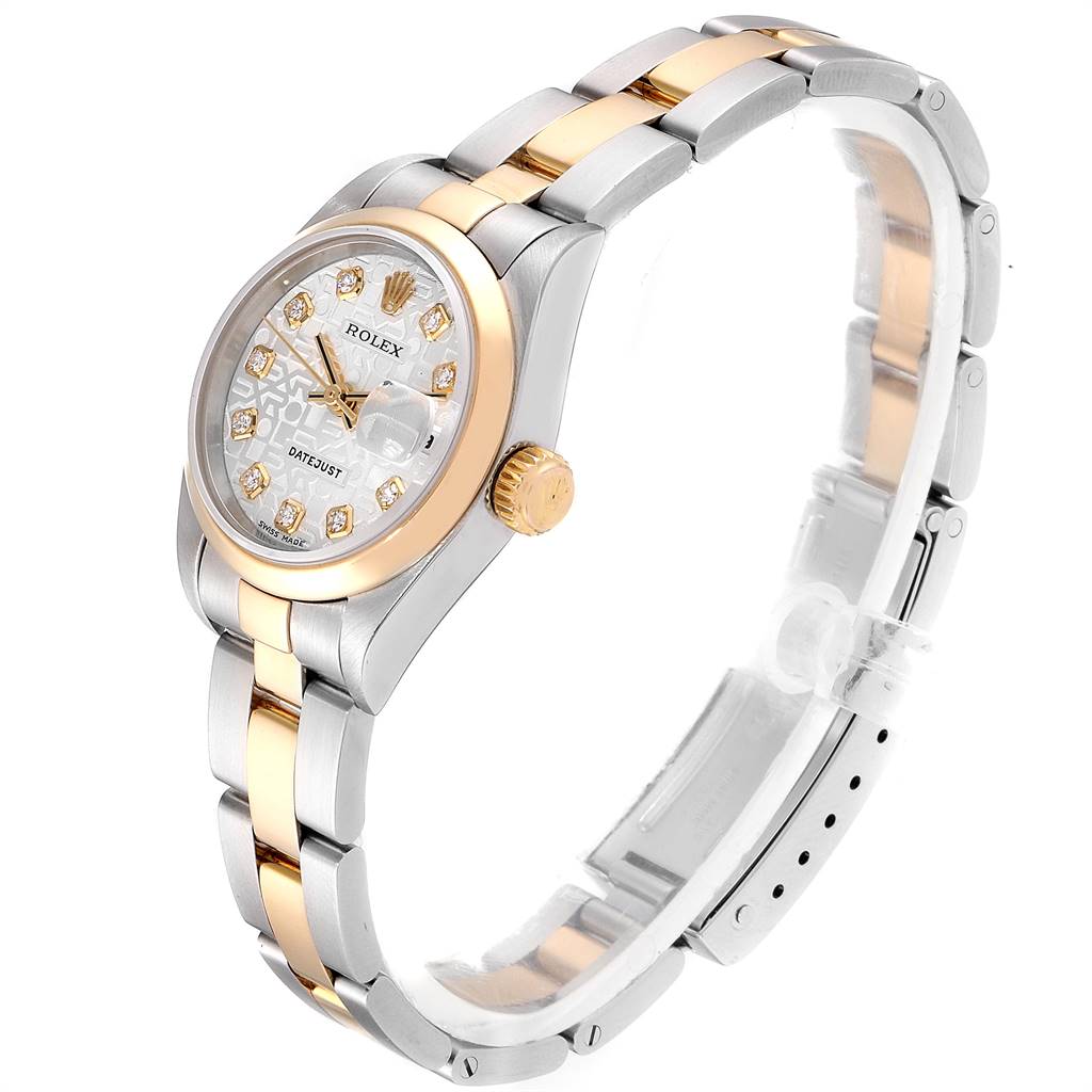 This image shows a side and top angle of a Rolex Datejust 79163 Women's Steel and Gold (two tone) Silver Dial 79163 Women's Steel and Gold (two tone) Silver Dial watch featuring a two-tone bracelet and diamond hour markers.