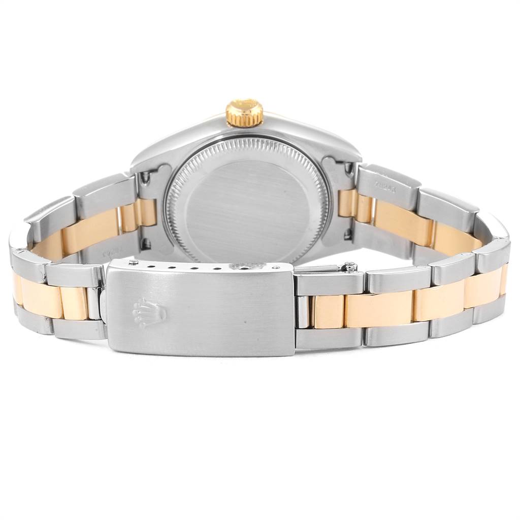 This image shows the back view of a Rolex Datejust 79163 Women's Steel and Gold (two tone) Silver Dial 79163 Women's Steel and Gold (two tone) Silver Dial watch, focusing on the case, crown, and two-tone bracelet with the clasp.