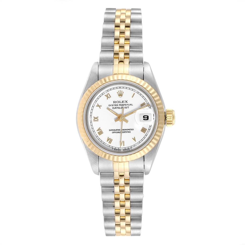 This image shows a Rolex Datejust 69173 Women's Stainless Steel White Dial 69173 Women's Stainless Steel White Dial watch directly from the front, highlighting the dial, bezel, crown, and bracelet.