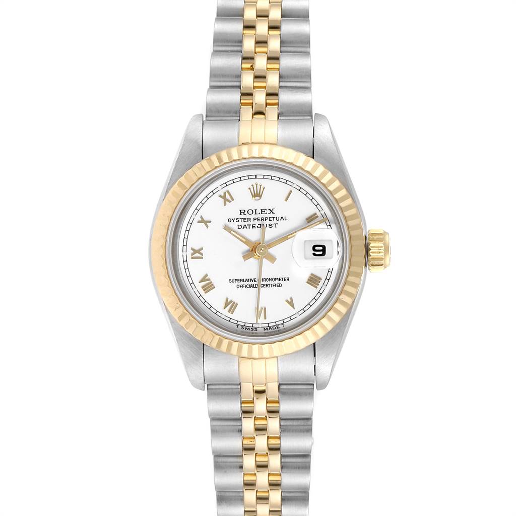 The image shows a Rolex Datejust 69173 Women's Stainless Steel White Dial 69173 Women's Stainless Steel White Dial watch from a straight-on angle, displaying its dial, bezel, and two-tone bracelet.