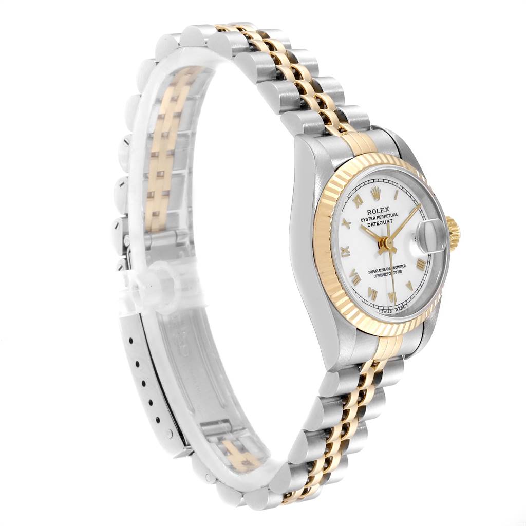 This image shows a side angle of a Rolex Datejust 69173 Women's Stainless Steel White Dial 69173 Women's Stainless Steel White Dial watch, highlighting its two-tone bracelet and fluted bezel.