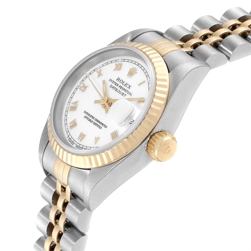 This image shows a Rolex Datejust 69173 Women's Stainless Steel White Dial 69173 Women's Stainless Steel White Dial watch at a three-quarter angle, highlighting the bezel, dial, crown, and part of the bracelet.