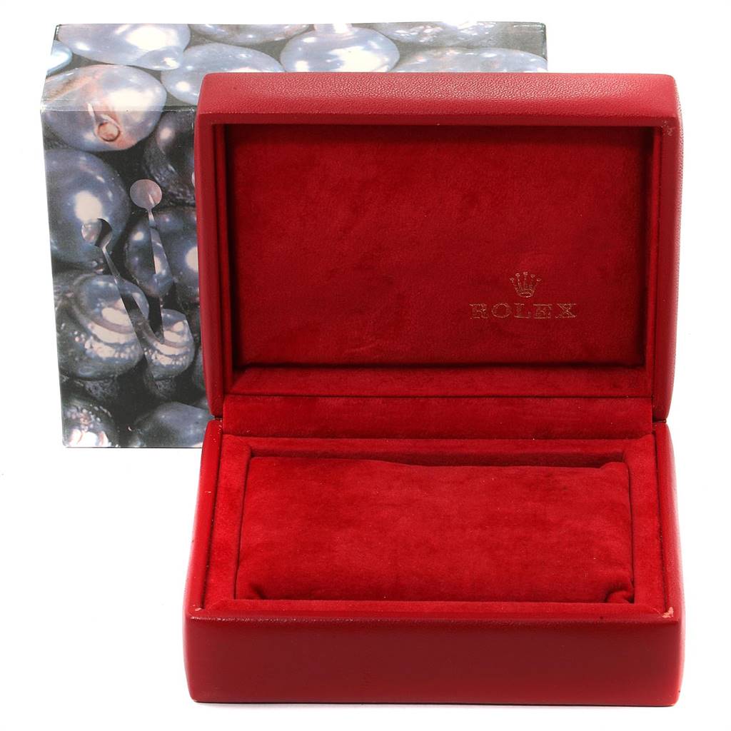 The image shows a Rolex Datejust 69173 Women's Stainless Steel White Dial 69173 Women's Stainless Steel White Dial watch box with red interior padding, viewed from the front.